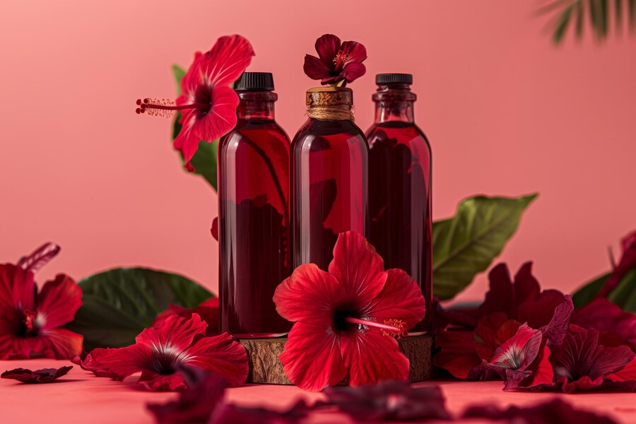 A bottle of toner with natural ingredients like roses in the background.