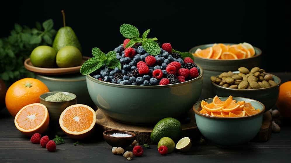 A bowl of antioxidant-rich fruits like berries and nuts.