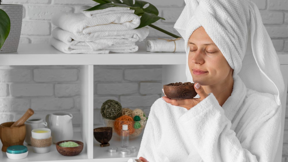 A cheerful morning scene with skincare products on a bathroom counter.