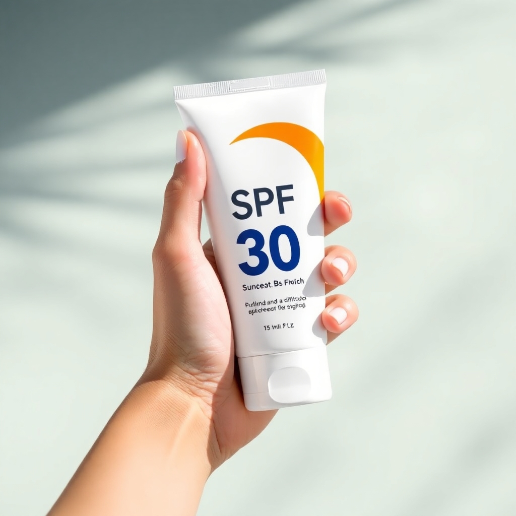 A hand holding a sunscreen tube with SPF 30 prominently displayed.