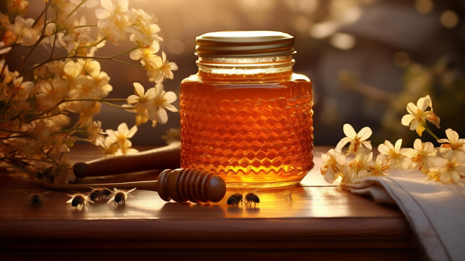 A jar of honey and fresh aloe vera leaves