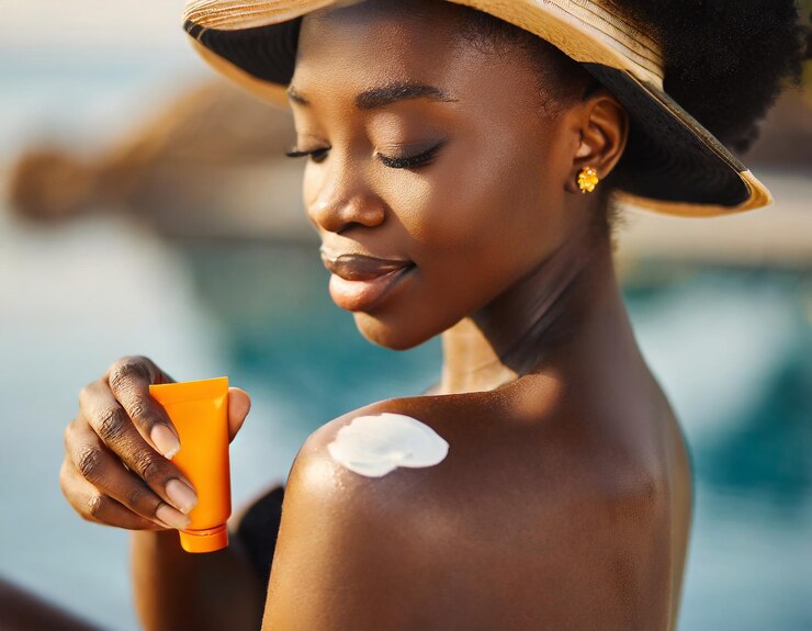 Black woman using sunscreen to prevent sun damage.